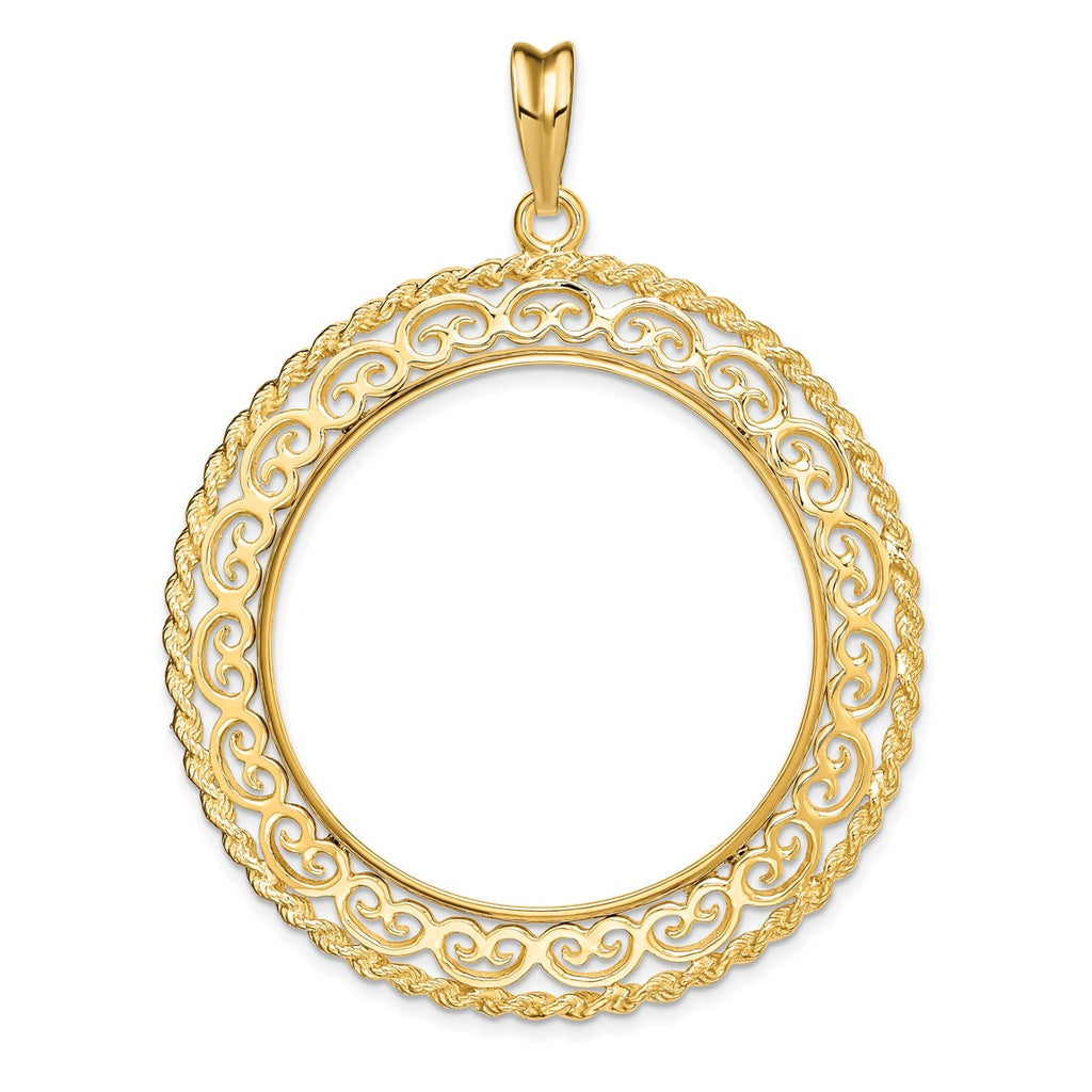 14k Yellow Gold Rope Edge w/ Scroll Design 34.2mm Prong Coin Bezel Pen ...