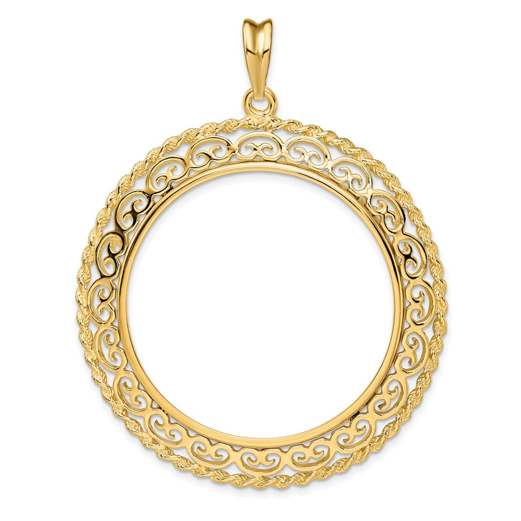 14k Yellow Gold Rope Edge w/ Scroll Design 37mm Prong Coin Bezel Penda ...