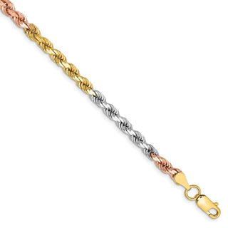 8" 14k Tri-color Gold 4mm Diamond-cut Rope Chain Bracelet