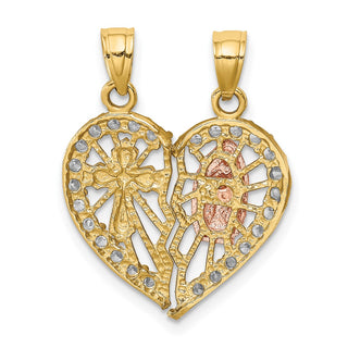 10k Yellow and Rose Gold with Rhodium CZ Religious Break-apart Heart Pendant