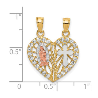 10k Yellow and Rose Gold with Rhodium CZ Religious Break-apart Heart Pendant