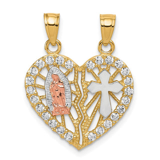 10k Yellow and Rose Gold with Rhodium CZ Religious Break-apart Heart Pendant
