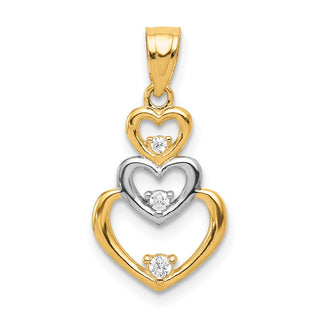 10K Yellow Gold w/Rhodium-plating CZ 3-Heart Pendant