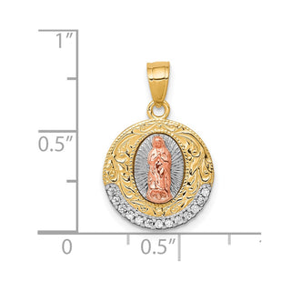 10k Yellow and Rose Gold with Rhodium-Plating CZ Lady of Guadalupe Round Pendant