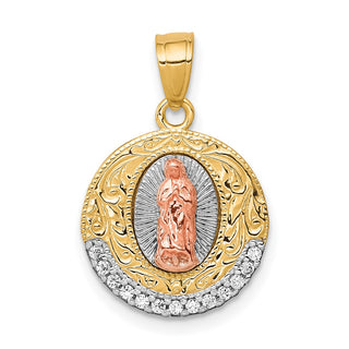 10k Yellow and Rose Gold with Rhodium-Plating CZ Lady of Guadalupe Round Pendant