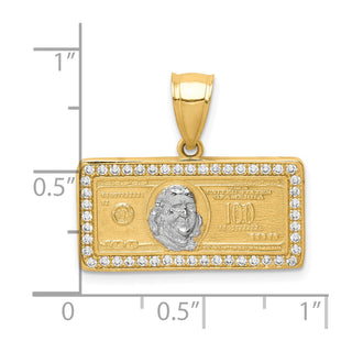 10k Yellow Gold With Rhodium-Plating CZ Micropave 100 Dollar Bill Pendant