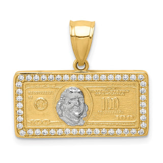 10k Yellow Gold With Rhodium-Plating CZ Micropave 100 Dollar Bill Pendant