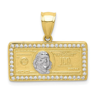 10k Yellow Gold With Rhodium-Plating CZ Micropave 100 Dollar Bill Pendant