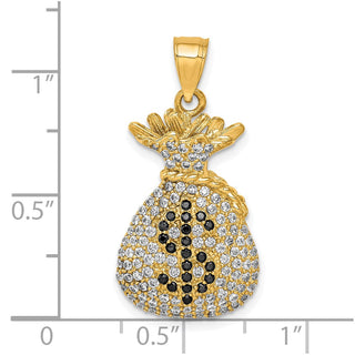 10k Yellow Gold Black and Clear CZ Micropave Money Bag Pendant