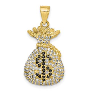 10k Yellow Gold Black and Clear CZ Micropave Money Bag Pendant