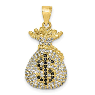 10k Yellow Gold Black and Clear CZ Micropave Money Bag Pendant