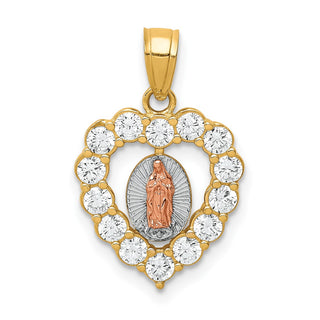 10k Yellow & Rose Gold w White Rhodium Cubic Zirconia Guadalupe in Heart Pendant