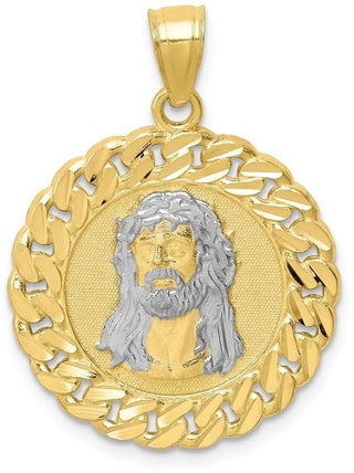 10k Yellow Gold With Rhodium-Plating Diamond-Cut Jesus Face Pendant