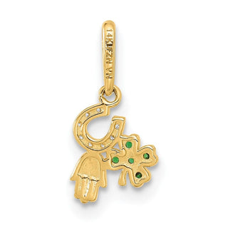 10K Yellow Gold Polished Clover Horseshoe Hamsa CZ Luck Pendant