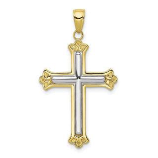 10k Yellow and White Gold Cross in Budded Yellow Cross Frame Pendant