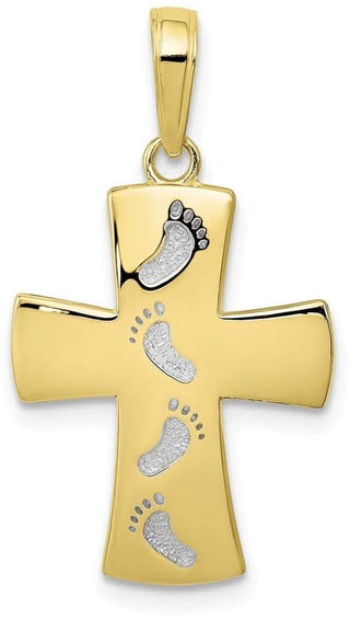 10k Yellow Gold With Rhodium-Plating Cross W/Footprints Pendant