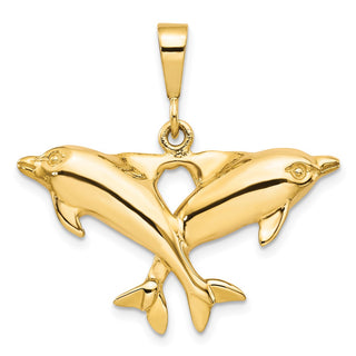 10k Yellow Gold Solid Polished Twin Dolphins Pendant