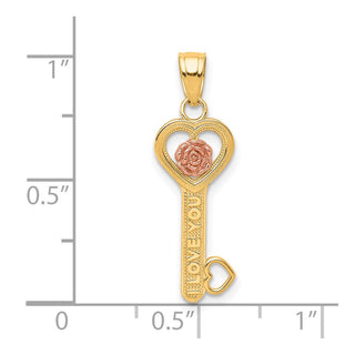 Two-Tone 10k Yellow and Rose Gold I Love You Key w/ Flower Pendant
