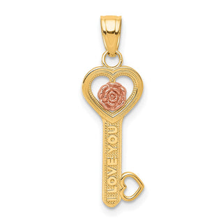 Two-Tone 10k Yellow and Rose Gold I Love You Key w/ Flower Pendant