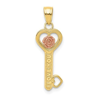 Two-Tone 10k Yellow and Rose Gold I Love You Key w/ Flower Pendant