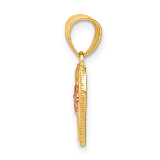 Small Cutout Two-Tone 10k Yellow and Rose Gold Heart w/ Rose Flower Charm