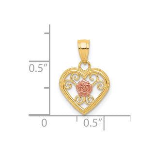Small Cutout Two-Tone 10k Yellow and Rose Gold Heart w/ Rose Flower Charm