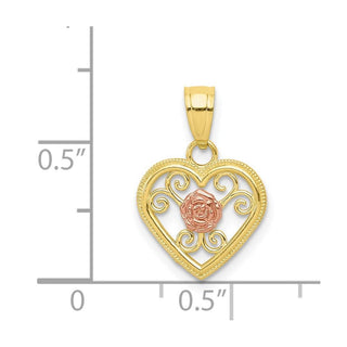 Small Cutout Two-Tone 10k Yellow and Rose Gold Heart w/ Rose Flower Charm