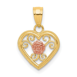 Small Cutout Two-Tone 10k Yellow and Rose Gold Heart w/ Rose Flower Charm