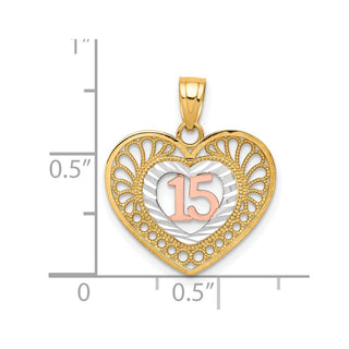 10k Yellow and Rose Gold with White Rhodium Sweet 15 Heart Pendant