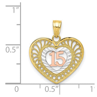 10k Yellow and Rose Gold with White Rhodium Sweet 15 Heart Pendant