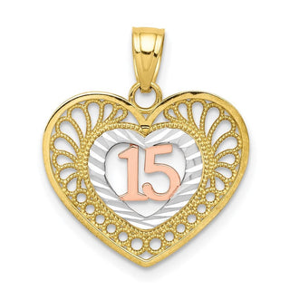 10k Yellow and Rose Gold with White Rhodium Sweet 15 Heart Pendant