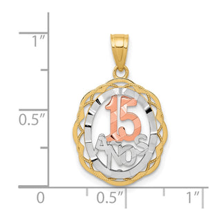 10k Yellow and Rose Gold with White Rhodium Sweet 15 Oval Pendant