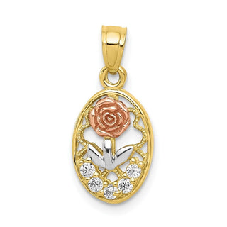 10k Yellow and Rose Gold with White Rhodium CZ Rose Pendant