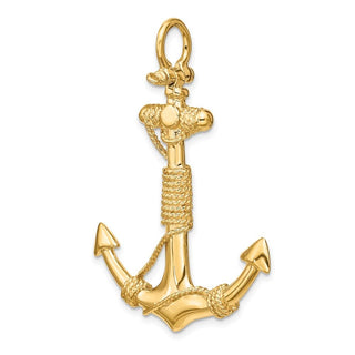 10K Yellow Gold 3-D Solid Anchor with Rope Pendant