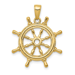 10K Yellow Gold 3D Ships Wheel Pendant