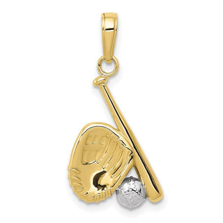 10k Yellow Gold with Rhodium-Plating Baseball, Bat, and Glove Pendant