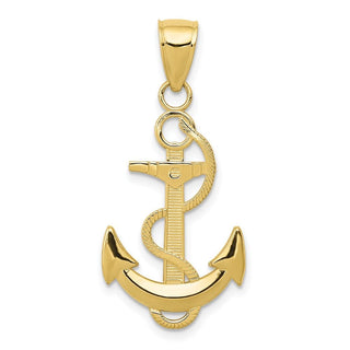 10k Yellow Gold Polished Anchor Pendant with Textured Rope