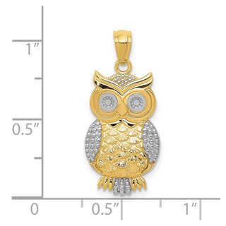 10K Yellow Gold & Rhodium-plating Polished & Textured Owl Pendant