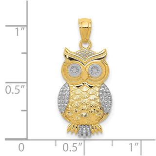 10K Yellow Gold & Rhodium-plating Polished & Textured Owl Pendant
