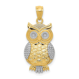 10K Yellow Gold & Rhodium-plating Polished & Textured Owl Pendant