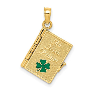 10K Yellow Gold 3-D Moveable Enameled AN IRISH PRAYER Book w/Clover Charm