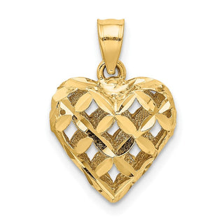 10K Yellow Gold 3-D Diamond-cut Filigree Puffed Heart Charm