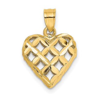 10K Yellow Gold 3-D Diamond-cut Filigree Puffed Heart Charm