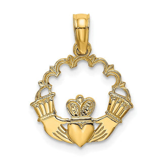 10K Yellow Gold Engraved Claddagh In Scallop Circle Charm