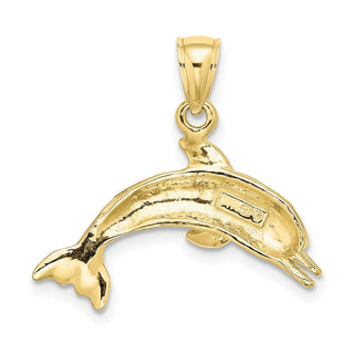 10k Yellow Gold Textured and Polished Dolphin Jumping Pendant