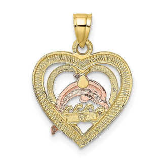 10k Yellow and Rose Gold with White Rhodium Dolphin In Heart Pendant