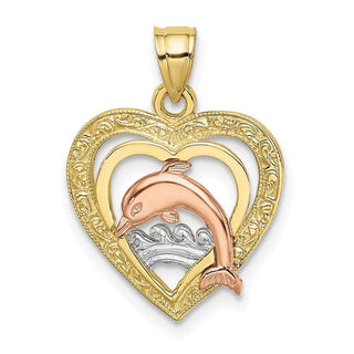 10k Yellow and Rose Gold with White Rhodium Dolphin In Heart Pendant