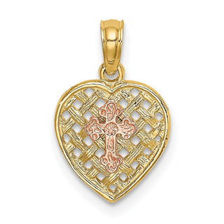10K Two-tone Gold Cross on Woven Heart Charm
