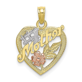 10k Yellow and Rose Gold with Rhodium #1 MOTHER Heart and Flower Pendant