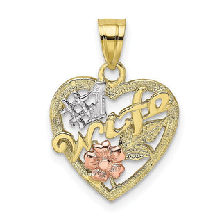 10k Yellow and Rose Gold with White Rhodium #1 WIFE In Heart w/ Flower Pendant